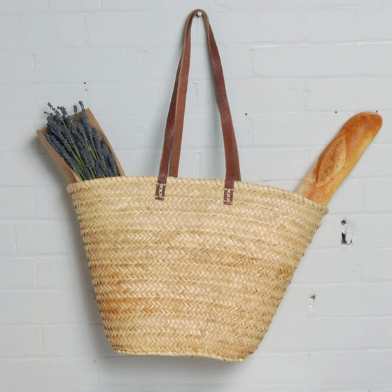 Palm Straw Market Shoulder Bag/Leather Handles