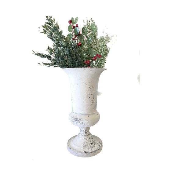 Large Distressed White Pedestal Vase