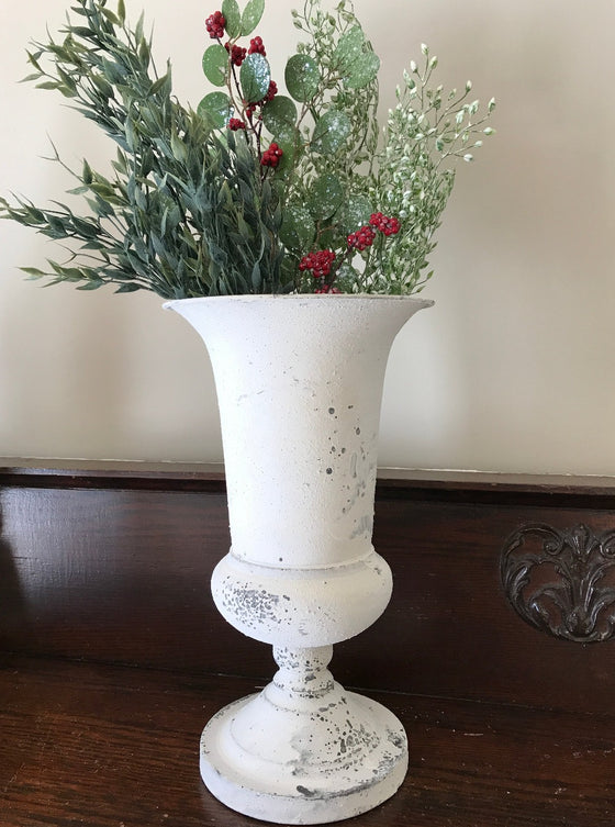 Large Distressed White Pedestal Vase