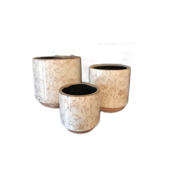 Rustic Style Cream Scroll Patterned Flower Pots - Set of three