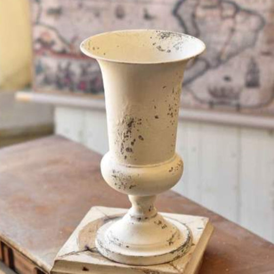 Large Distressed White Pedestal Vase